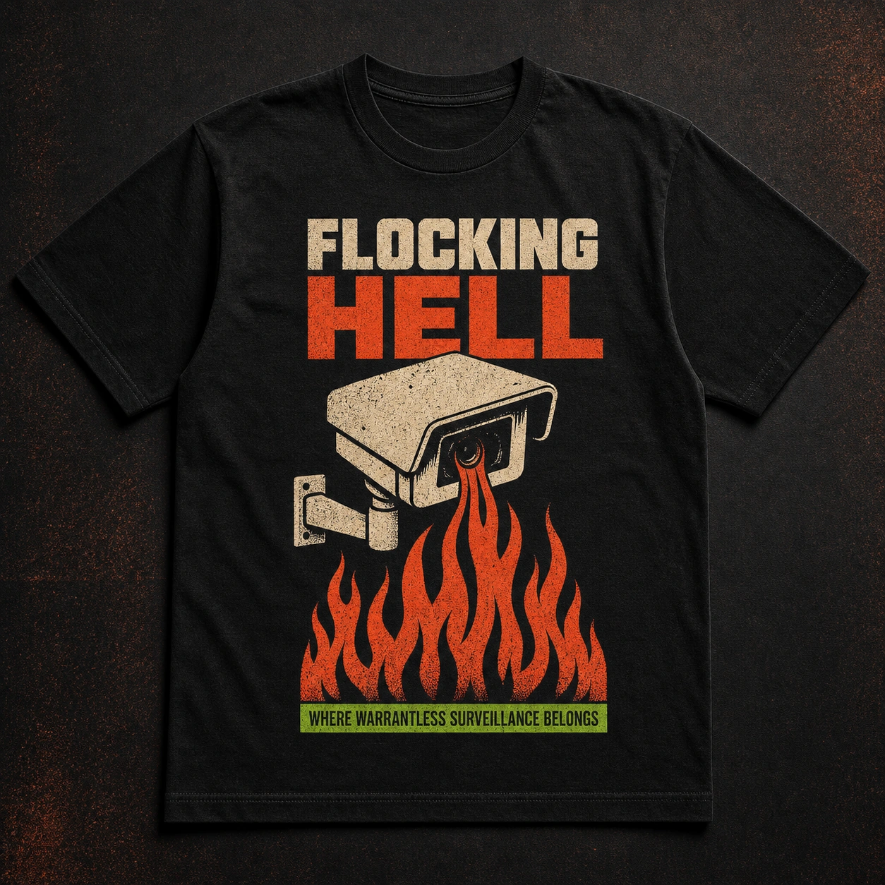 Black Flockinghell T-shirt concept with a surveillance camera over stylized orange flames.
