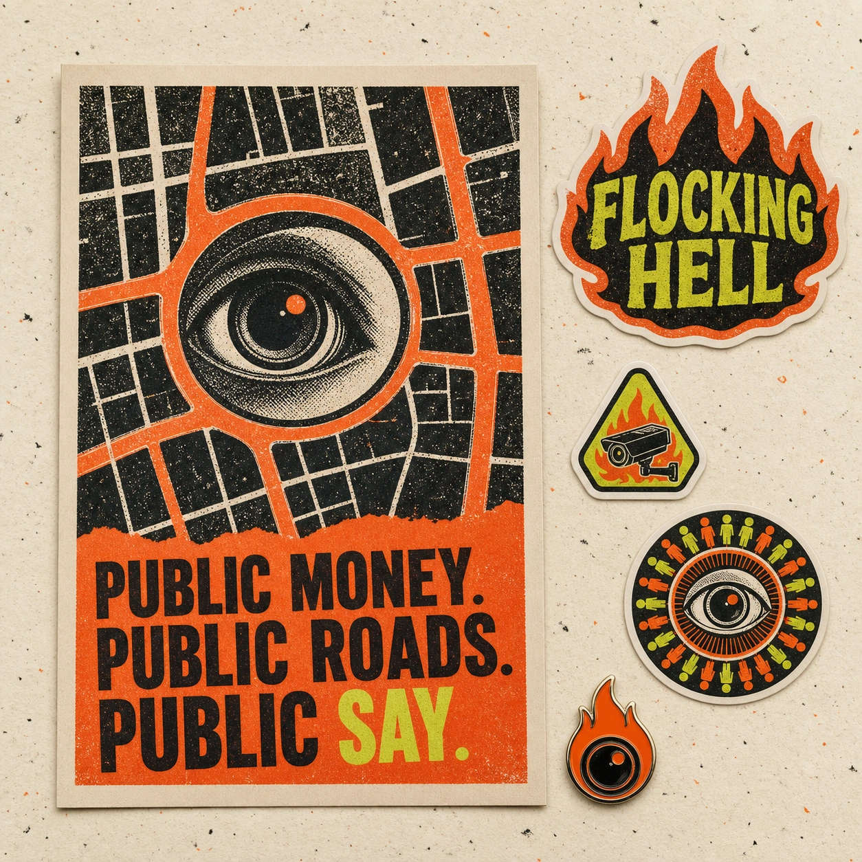 Flockinghell poster, sticker, and enamel-pin concept bundle in orange, black, cream, and acid green.